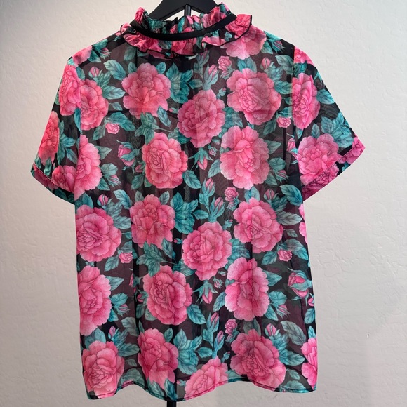 Hell‎ Bunny Sheer Black Floral Top with Pink and Green Accents, Size 2X - Picture 3 of 12